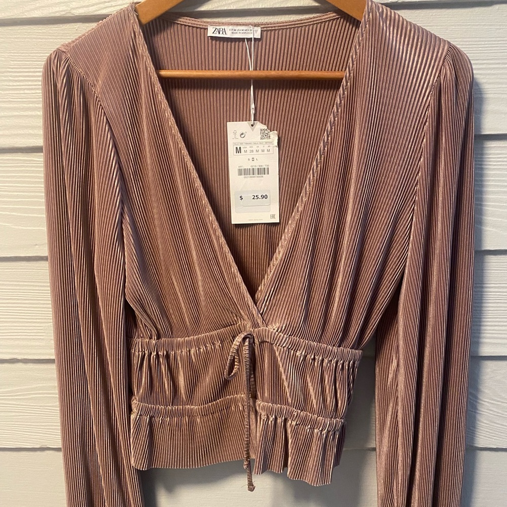 Zara Silky Ribbed Long Sleeve Mauve V-Neck Size Medium